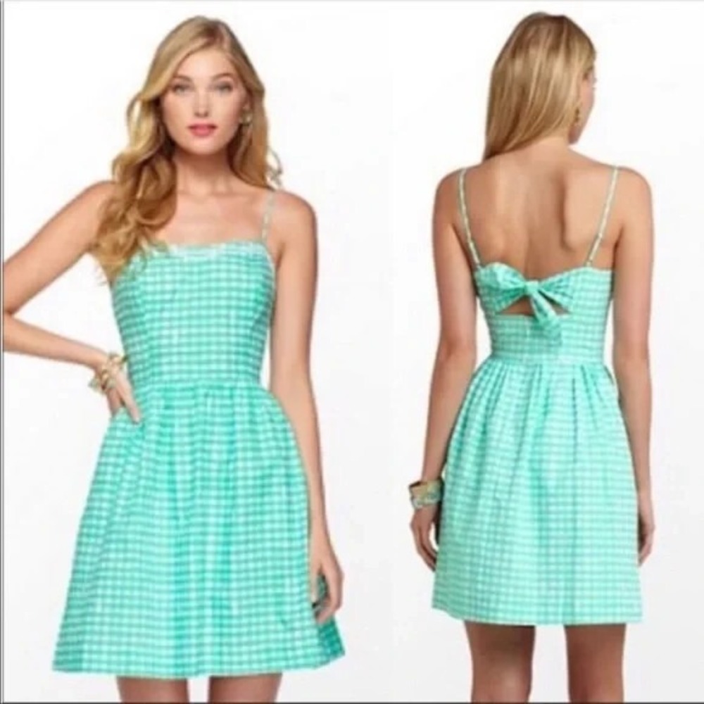 Lilly Pulitzer Bethany Dress Glenda Green Gingham Tie Back 2 Preppy Cotton Lace